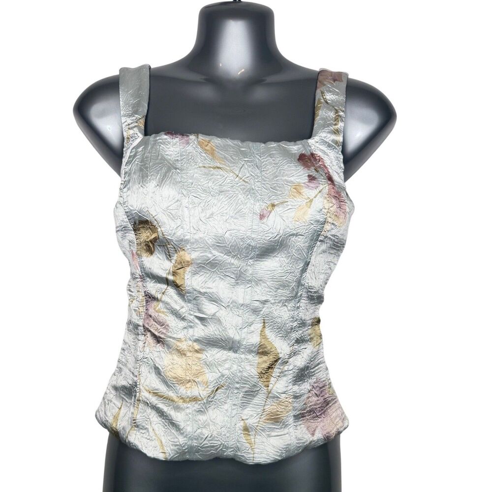 Max Nugus Haute Couture Silver Floral Crinkle Corset Top Square Neck Metallic‎ L